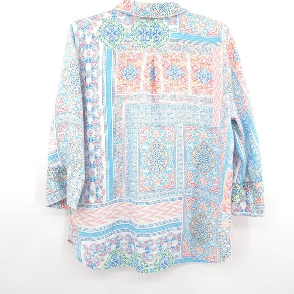 Chico's linen button up top Size 2 (L) pastel print 3/4 sleeve beach - Picture 7 of 8